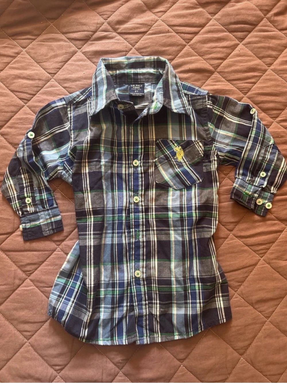 U.S. Polo Assn. Boys' Navy, Green & White Plaid Button-Down Shirt